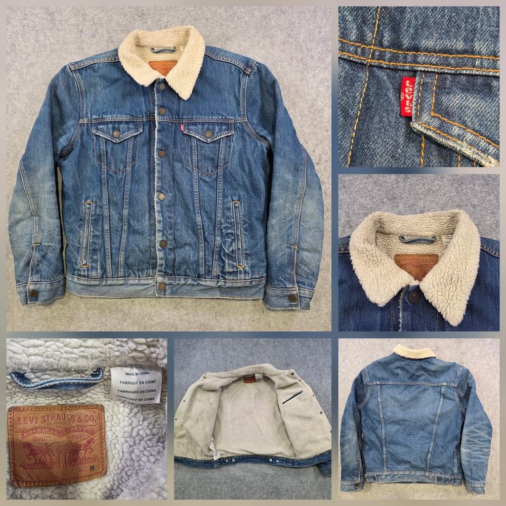 Levi's Jacket Mens Medium Blue Denim‎ Sherpa Lined Trucker Jean Fleece Winter